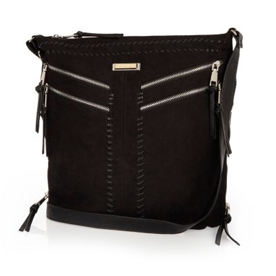 Black faux suede messenger handbag